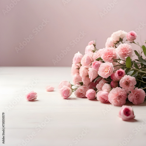 pink flowers lying neatly on white table, pink background, square