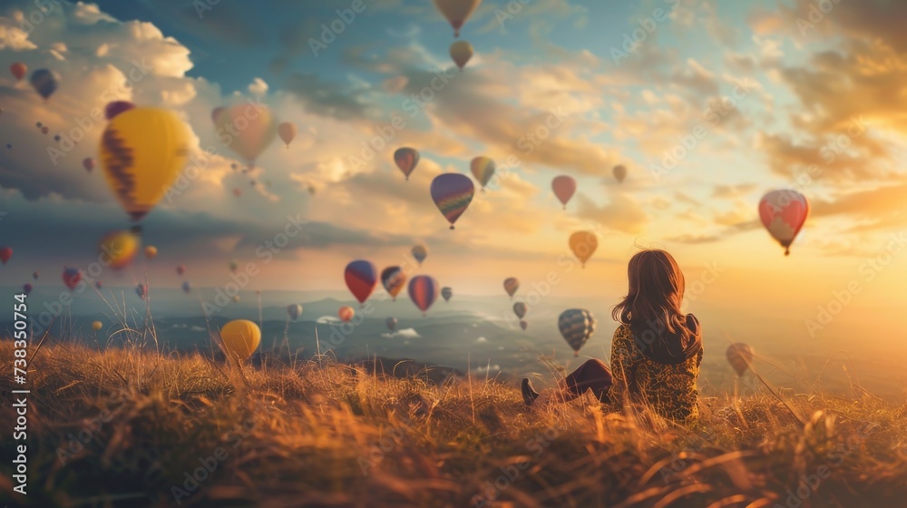 As the sun rises and paints the sky with hues of orange and pink, a young girl sits in a peaceful field surrounded by colorful hot air balloons, a reminder of the endless possibilities that await her
