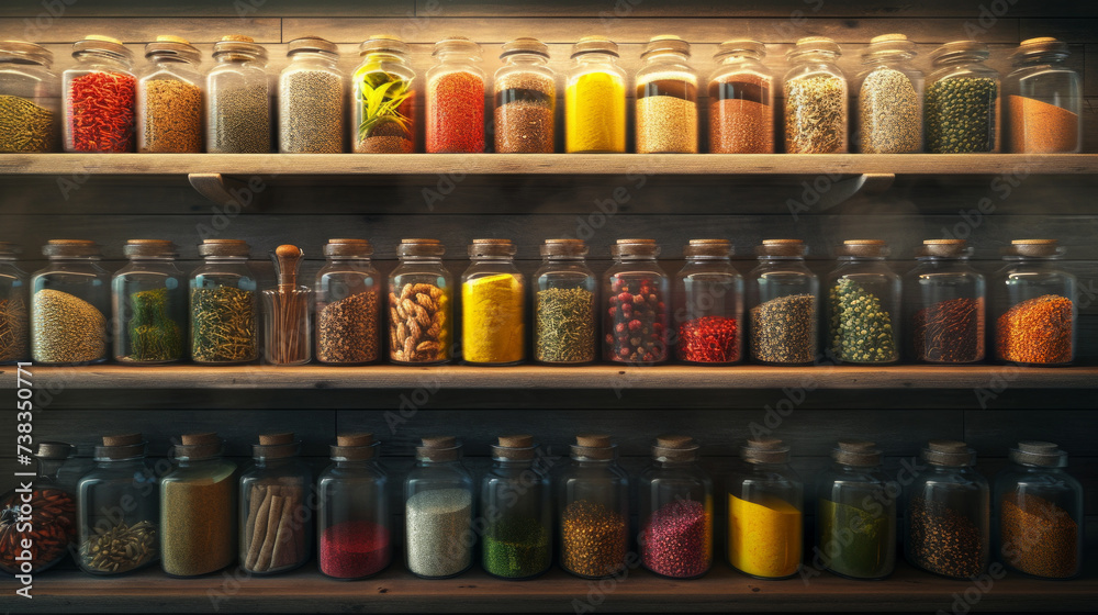 An abstract composition of colorful spices in glass jars, neatly arranged on open kitchen shelving