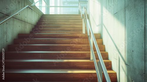 A detailed shot of a minimalist staircase with wooden steps and a metal railing