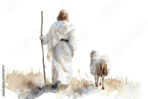 Shepherd Jesus Christ Taking Care of One Missing Lamb Watercolor Illustration Isolated  photo