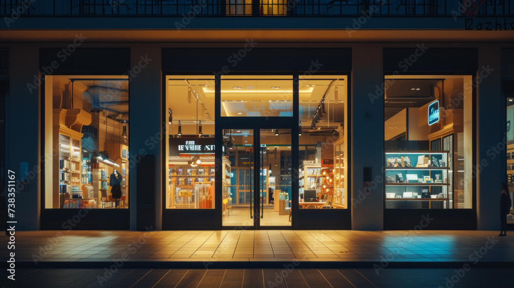 A well-designed storefront with large display windows, product showcases, and a polished entrance A well-designed storefront with large display windows, product showcases, and a polished entrance