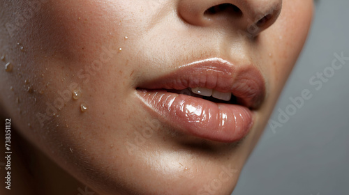 Beauty close-up image of woman lips (skin care/body care/esthetic salon), ruddy skin, beautiful, full lips, lips close up, real skin texture, natural