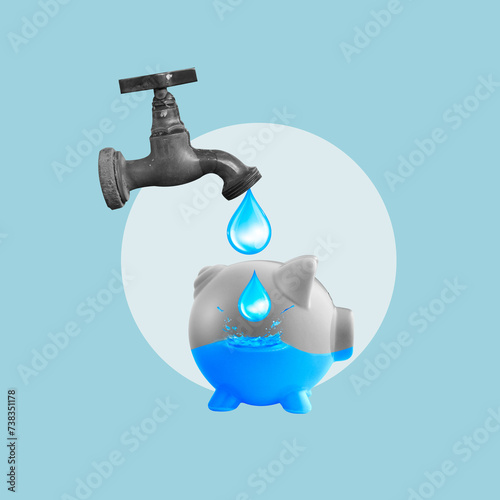 Filling water with piggy bank, saving water, environmental protection, lack of water, saving water, little water, drop of water, tap, piggy bank, Water, Money, Savings, Pipe, Turn on or off, Scarce