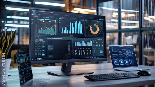 an analyst sitting in front of multiple computer screens, immersed in data analysis and business metrics.