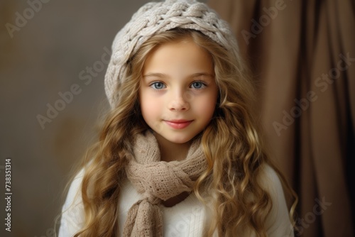 Portrait of a beautiful little girl in a knitted hat and scarf