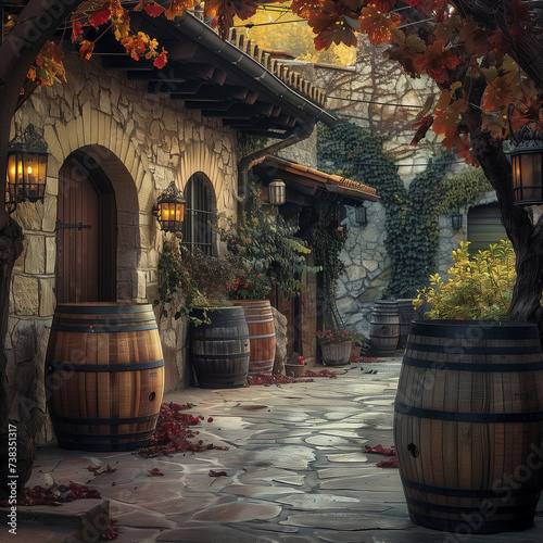 Autumn Ambiance at a Rustic Winery with Wine Barrels © HustlePlayground