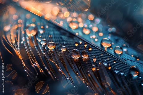 A delicate dance of glistening water droplets on a feather, illuminated by the soft light of a rainy day