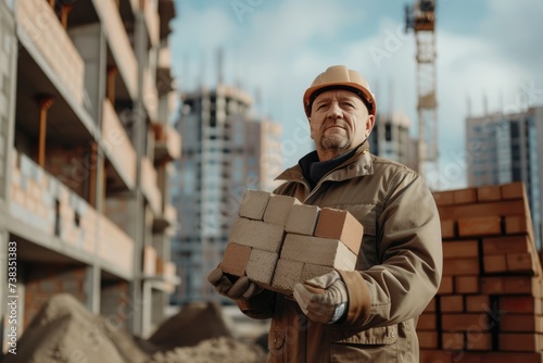 Adult male construction worker holding bricks. Vacancies. Place for text. Banner. Handyman. © Al