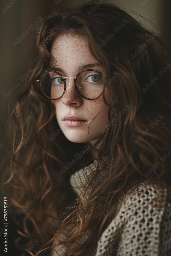 A stylish woman exudes confidence as she poses indoors, her long brown hair cascading in layers around her face and her sharp eyewear adding a touch of sophistication to her portrait A stylish woman exudes confidence as she poses indoors, her long brown hair cascading in layers around her face and her sharp eyewear adding a touch of sophistication to her portrait