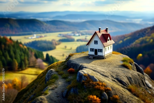 A miniature model house on a hill with a nice view. real estate. landscape. House. price. land. trip. mountain hut