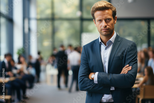 Confident Businessman Standing with Arms Crossed in Busy Office Environment, Open Empty Text Copy Space Used for a Business Professional Seminar Poster, Announcement, Invitation, or Sign