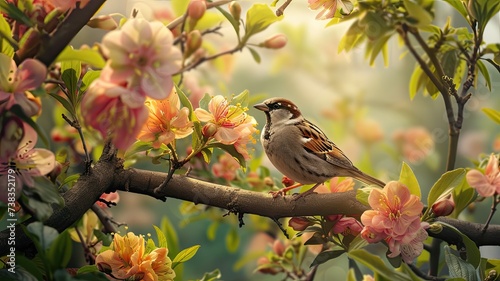 sparrow birds perched amidst blooming flowers on a tree branch, set against the backdrop of a picturesque spring garden, showcasing the harmony between nature and wildlife. © lililia
