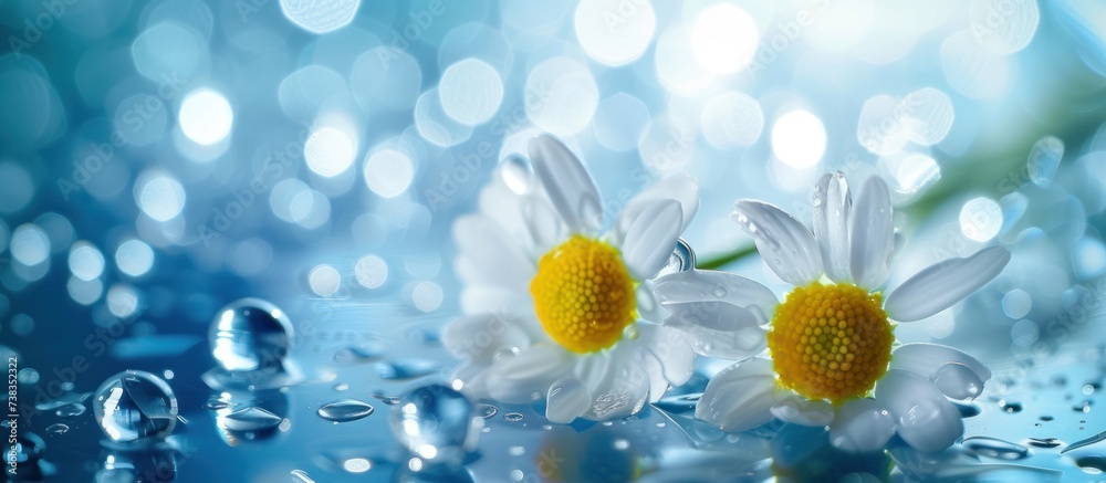 Chamomile flowers and drops of transparent liquid serum Chamomile flowers and drops of transparent liquid serum