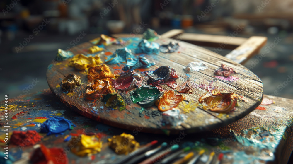 An artistic shot of a wooden palette loaded with vibrant and colorful artist's paint