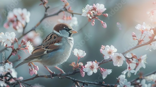 sparrow birds perched amidst blooming flowers on a tree branch, set against the backdrop of a picturesque spring garden, showcasing the harmony between nature and wildlife.