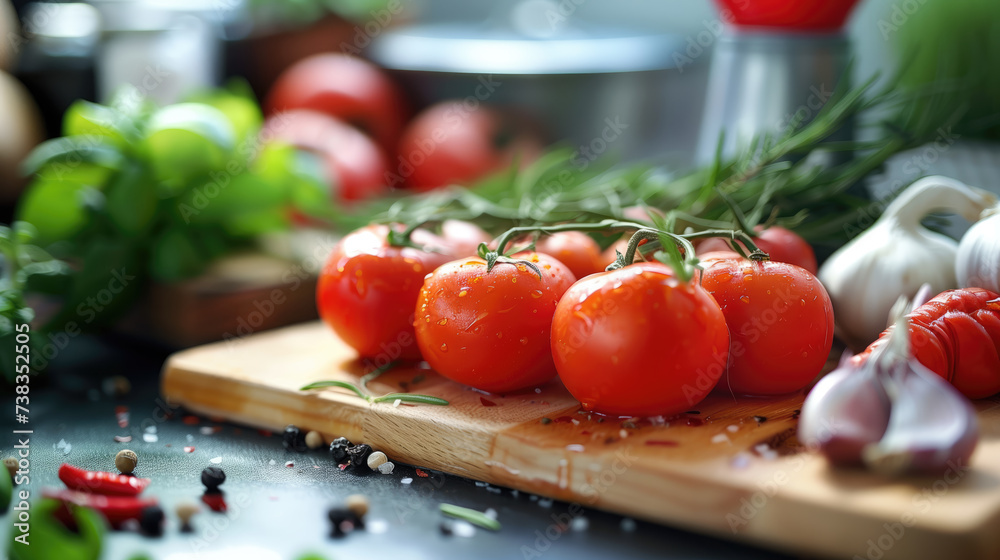 Fresh tomatoes on the vine and various herbs on a cutting board, ready for culinary preparation. Fresh tomatoes on the vine and various herbs on a cutting board, ready for culinary preparation.