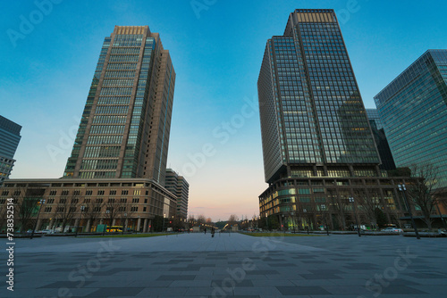 Tokyo, Japan - February 15, 2024: Marunouchi commercial area at winter dawn in Tokyo, Japan