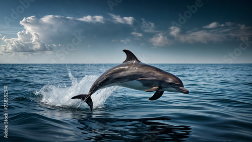 A dolphin gracefully leaps from the surface of the sea  with water droplets glistening around it like jewels. 