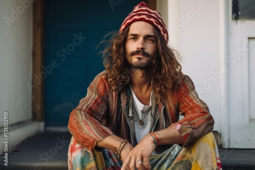 Portrait of a handsome hippie man with long curly hair wearing a colorful scarf.
