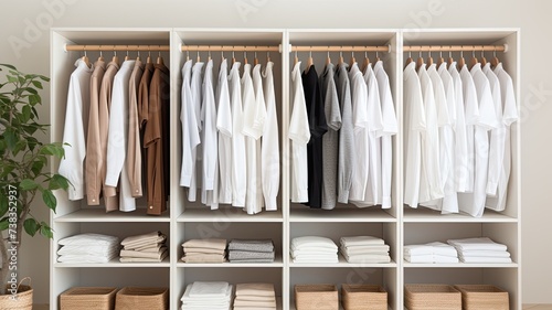 a white T-shirt hanging in a closet, with the focus sharply drawn to the clean lines and simplicity of the garment.