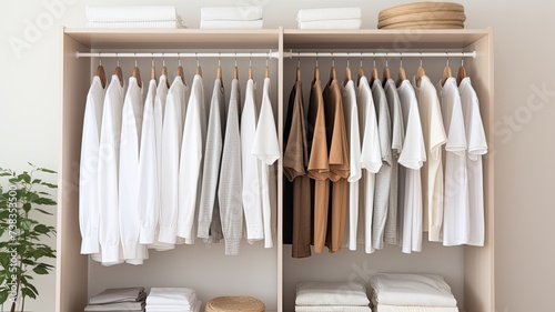 a white T-shirt hanging in a closet, with the focus sharply drawn to the clean lines and simplicity of the garment. © lililia