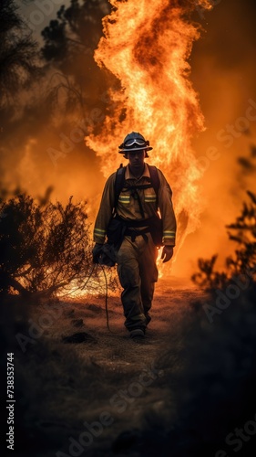 Firefighter man in the middle of fire putting out a forest fire