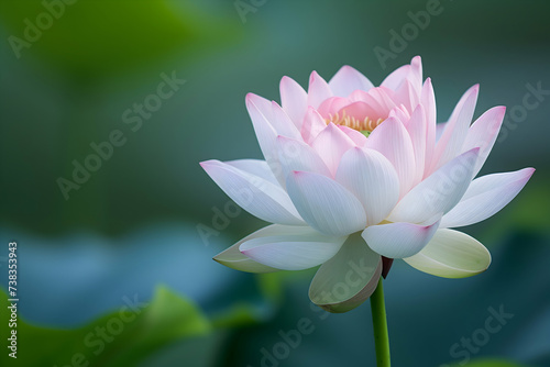 Pink-tipped white lotus flower in full bloom  with a soft-focus green background highlighting the flower s delicate structure