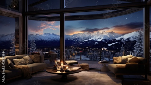 a luxurious studio penthouse apartment within a majestic ski resort at night, with towering panoramic windows offering a stunning vista of the mountains and the sky © lililia