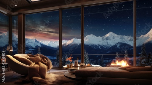 a luxurious studio penthouse apartment within a majestic ski resort at night  with towering panoramic windows offering a stunning vista of the mountains and the sky