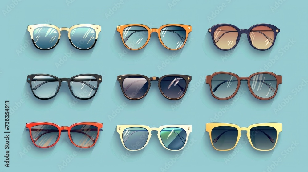Vector set featuring various types of glasses frames, including retro, wayfarer, and aviator styles