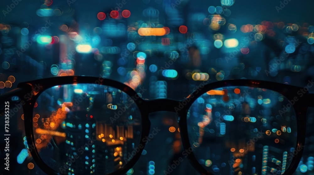 A night cityscape reflected in the lenses of glasses - obrazy, fototapety, plakaty 