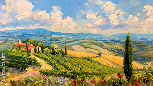Italian Vineyard Landscape Painting By Dalhart Windberg,,
Painting of a vineyard with a house on a hill in the distance  photo