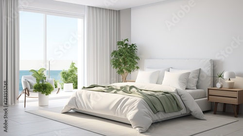a pure white bedroom adorned with textured bedding and minimal furniture, featuring a touch of green from a potted plant, creating a tranquil and inviting sleep environment.