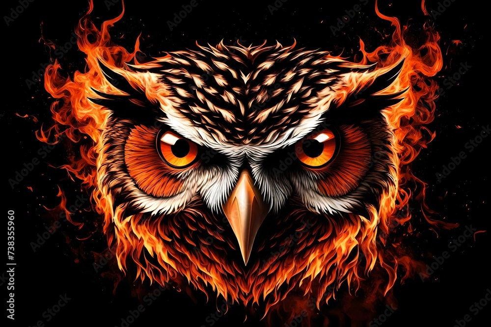 owl face of fire made of fire flame with red smoke behind, hot metal ...