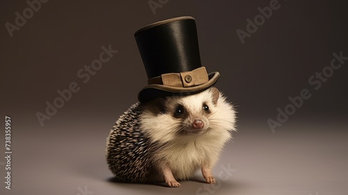 a hedgehog donning a miniature top hat, showcasing its adorable and dapper appearance in a playful and imaginative setting