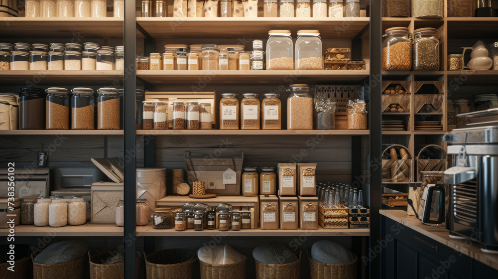 An organized pantry with labeled shelves and storage containers holding various dry goods - obrazy, fototapety, plakaty 