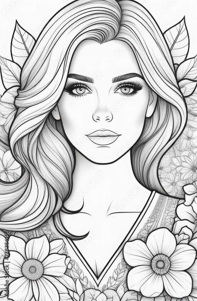 Artistic black and white line drawing of a gorgeous woman with floral headdress, emanating a captivating allure Artistic black and white line drawing of a gorgeous woman with floral headdress, emanating a captivating allure
