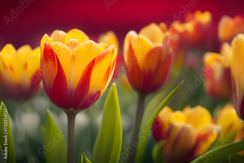 field of fresh mixed white  yellow  red  pink  orange  purple tulip flower.
