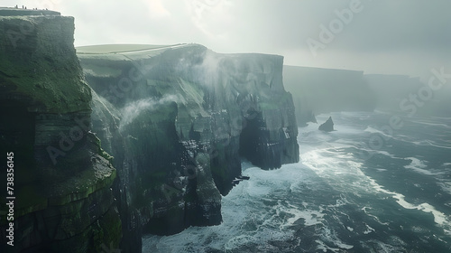 Famous Cliffs of Moher in County Clare Ireland Panoramic image Cliffs of Moher in the fog,,
Majestic rock cliffs crash into rough waves photo