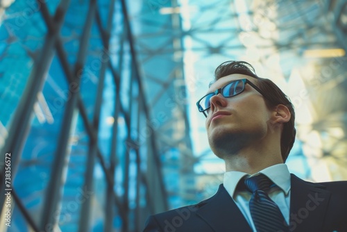 A sophisticated gentleman stands confidently in front of a towering building, his human face framed by a pair of sleek eyewear and a perfectly knotted blue tie completing his dapper suit and tie ense photo