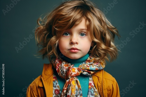 Portrait of a cute little girl with curly hair in a yellow jacket.