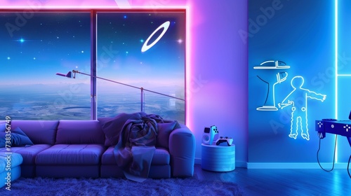 Neon Gaming Setup in Modern Living Room at Twilight
