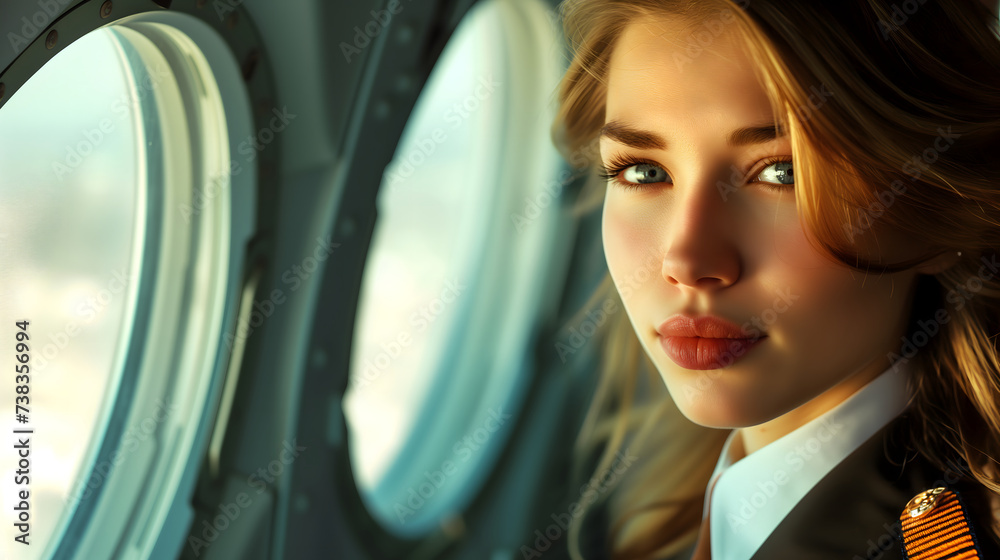 Fototapeta premium Professional Female Flight Attendant Smiling in Aircraft Cabin