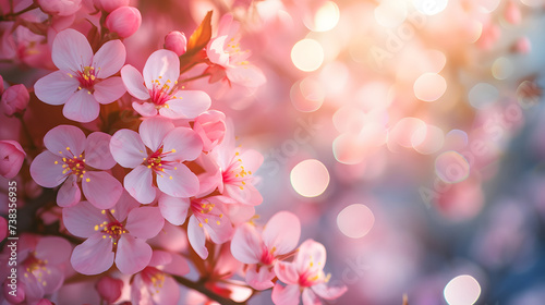 Soft Pink Cherry Blossoms in Spring Light Bokeh Background