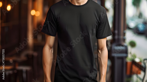 Blank Black T-shirt Mockup for Branding and Design in Urban Setting © John