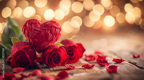 Romantic Red Roses and Heart Decoration with Bokeh Lights