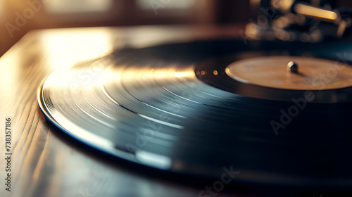 Vinyl Record Playing on Turntable with Warm Light Flare