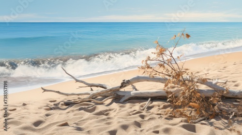 Beach view with tree branch trash on the sand blue light sky background nature wallpaper.