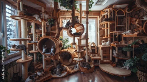 a nice house adorned with multiple cat trees, each occupied by contented felines lounging and playing amidst the comfortable surroundings.